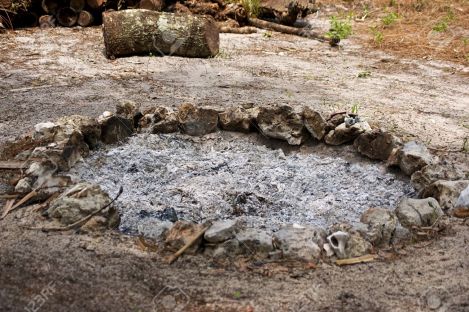 17102924-A-round-fire-pit-made-up-of-stones-and-seashells-is-filled-with-ash-from-a-burnt-out-fire-there-is-f-Stock-Photo